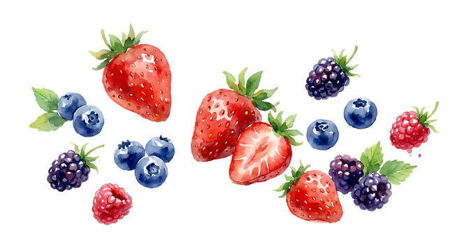 Hand-drawn watercolor illustration set of fresh mixed berries. Strawberry, raspberry, blueberry, and blackberry isolated on white.