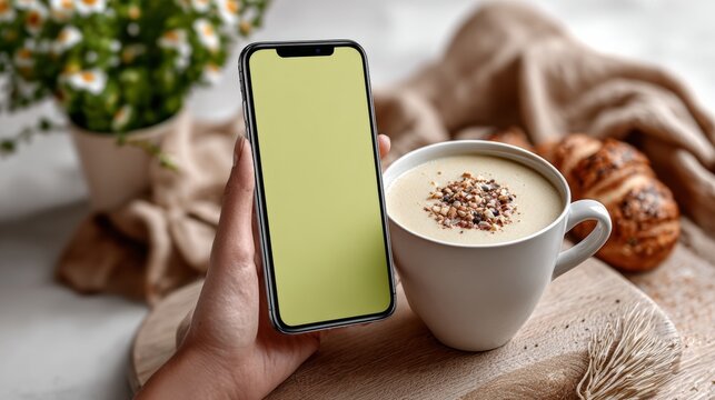 A person holding a phone next to a cup of coffee. The phone is green and the coffee is creamy