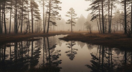 Misty Morning Reflections - Serene Forest Scene with Water and Trees.