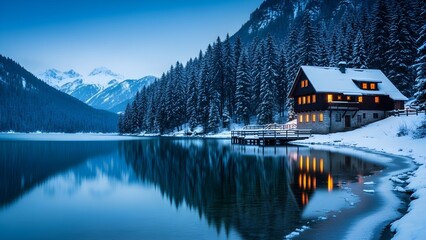 Obraz premium Lago Esmeralda con nieve cubierta y cabaña de madera brillando en un bosque de pinos en invierno en el Parque Nacional Yoho, Canadá