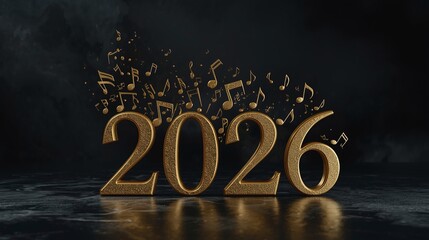 2026 New Year Golden 3D Numbers with Exploding broken Musical Notes on Dark Smoky Background
