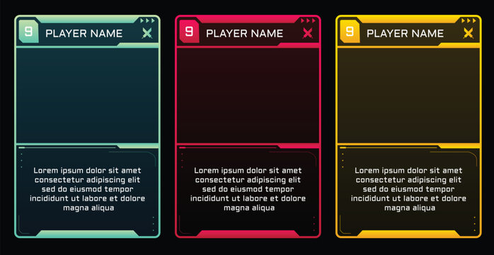 Modern cyber game trading card templates with an three color. Customizable vector design for TCG, RPG, and character cards. Features slots for player name and description.