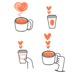 hand drawn doodle hand holding hot drink cup with love heart steam symbol illustration in cartoon style