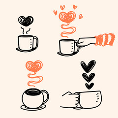 hand drawn doodle hand holding hot drink cup with love heart steam symbol illustration in cartoon style