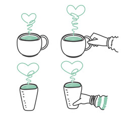 hand drawn doodle hand holding hot drink cup with love heart steam symbol illustration in cartoon style