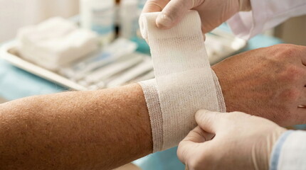 Medical professional in white gloves meticulously wraps a gauze bandage on a patient's arm. Essential first aid and wound care in a healthcare setting.