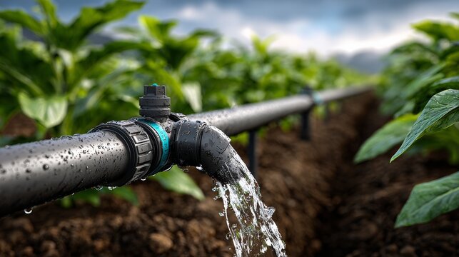 A water pipe is dripping water onto a field of green plants. The water is coming out of a black pipe with a blue cap. The water is falling onto the ground and the plants are getting watered