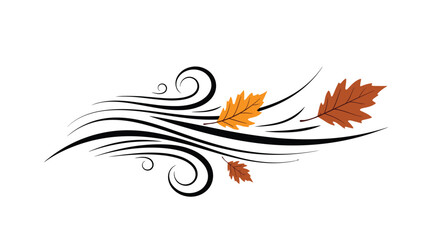 An elegant abstract swirl of black lines representing a gust of wind blowing three brown and orange oak leaves during the autumn season.