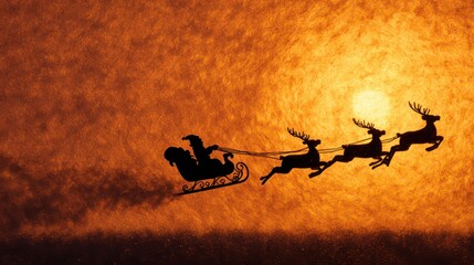 Silhouette of Santa riding a sleigh pulled by three reindeer in motion