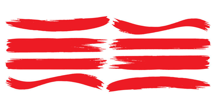 Straight red ink vector lines pack. Bloody color long and round hand-drawn brushstroke text highlights, frames, circles. Asian calligraphy modern