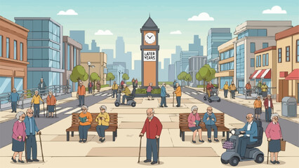 Elderly people enjoying a sunny day in a pedestrianized city square with a clock tower. © HAFIS