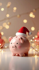 Piggy Bank Wearing Santa Hat on Clean Background Representing Holiday Savings, Christmas Budgeting, and Festive Financial Planning