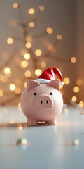Piggy Bank Wearing Santa Hat on Clean Background Representing Holiday Savings, Christmas Budgeting, and Festive Financial Planning
