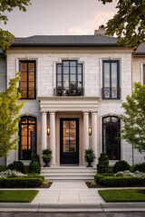 Fototapeta premium Elegant two story home with black doors and windows in natural light