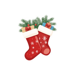 Red christmas stockings with gifts and greenery isolated on transparent background