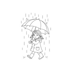 Line Drawing of a Girl Walking in the Rain with an Umbrella Keywords: child, girl, walking, rain