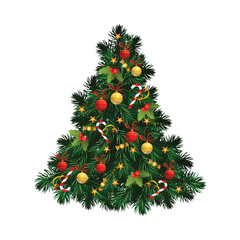 Decorated christmas tree with ornaments isolated on transparent background