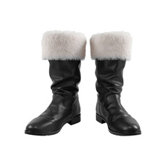Classic black leather boots with white fur trim isolated on transparent background