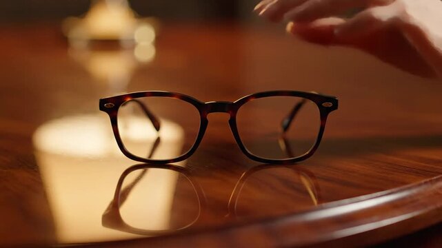 Woman's Hand Holds Tortoiseshell Glasses on Wooden Table