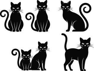 Black cat vector set, eight spooky feline poses with orange eyes for Halloween, tattoo and decor