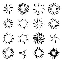 Set of Diverse Black Dot Patterns Abstract Radial Geometric Shapes White Background