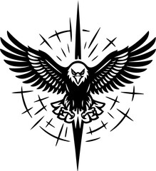 Obraz premium Black tribal eagle wings vector illustration featuring a phoenix silhouette and heart symbol design in an artistic flying bird tattoo icon style