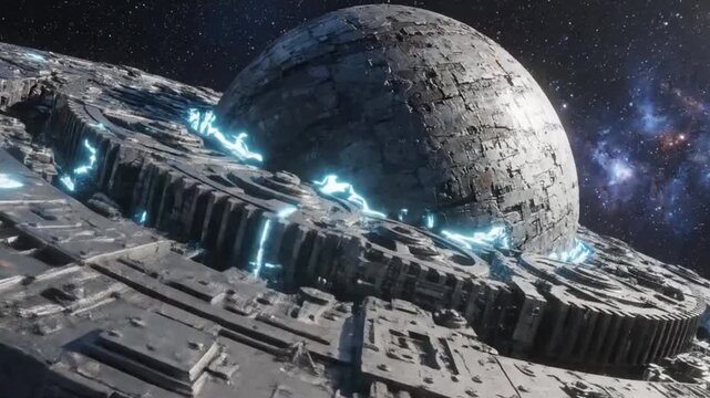 Magnificent digitally rendered vision of a colossal futuristic space station, depicting advanced alien technology and intricate cosmic architecture