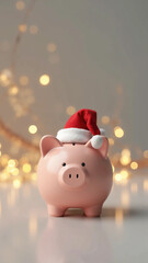 Piggy Bank Wearing Santa Hat on Clean Background Representing Holiday Savings, Christmas Budgeting, and Festive Financial Planning