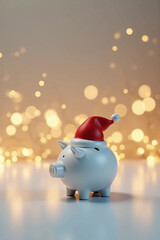 Piggy Bank Wearing Santa Hat on Clean Background Representing Holiday Savings, Christmas Budgeting, and Festive Financial Planning