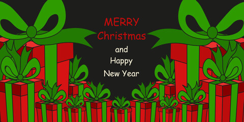 Christmas vector Frame isolated black background. Hand drawn Christmas red gift box with ribbon and bow Frame with holiday text. Editable stroke EPS10