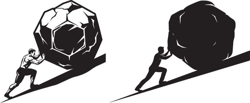 man pushing big boulder uphill. Man Pushing Boulder Uphill Symbol of Perseverance and Struggle, Silhouette of man pushing heavy boulder uphill symbolizing struggle and hard work