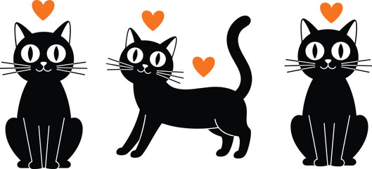 Cute black cat characters with orange hearts, vector illustration set isolated on white background for valentine and halloween design © MstParvin