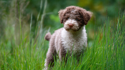 Fototapeta premium Cute brown and white puppy standing in tall green grass outdoors in a natural setting