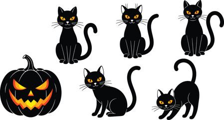 Cute black cat collection, halloween kitten vector for web, computer and mobile app