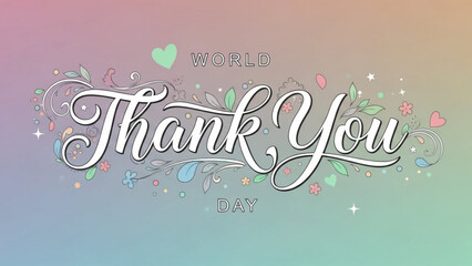 World Thank You Day: A colorful display of gratitude, with an elegantly scripted Thank You at the forefront, adorned with delicate floral and heart embellishments, conveying warmth and appreciation.