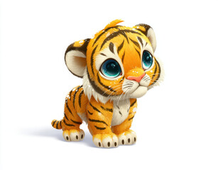 Cute cartoon tiger cub with big eyes and fluffy coat, showcasing vibrant orange and black stripes. This adorable character exudes charm and playfulness, perfect for children illustrations