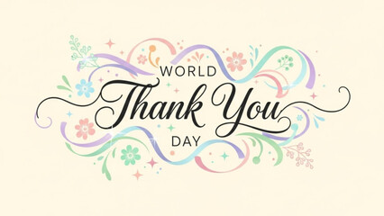 World Thank You Day: A delicately crafted graphic with elegant script conveys heartfelt gratitude. Embellished with floral motifs and swirling details.