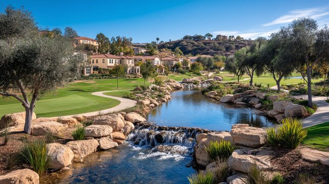 wide drainage swale running through a residential eco neighborhood with grass, shrubs, and biofilter layers. Pedestrian paths on both sides and ample copy space left on the foreground lawn and 