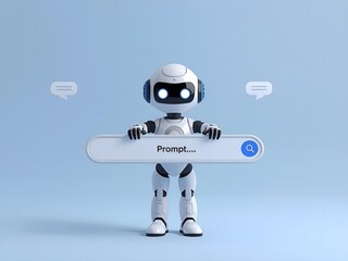 Cute robot holding search bar with prompt on blue background
