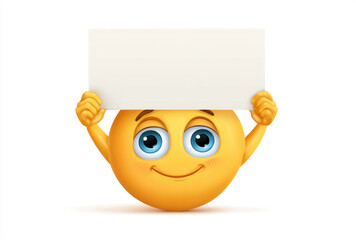 Cheerful emoji holding up blank sign, expressing happiness and positivity. bright yellow color and large blue eyes create inviting and friendly appearance