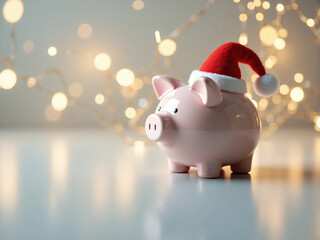 Piggy Bank Wearing Santa Hat on Clean Background Representing Holiday Savings, Christmas Budgeting, and Festive Financial Planning