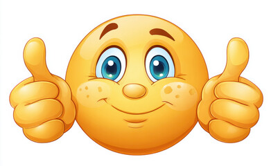Cheerful emoji with big smile and two thumbs up, expressing happiness and positivity. This illustration captures friendly and inviting character, perfect for conveying joy