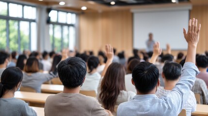 In a well-lit conference room, a large audience actively participates in a discussion, raising their hands in response to a speaker at the front