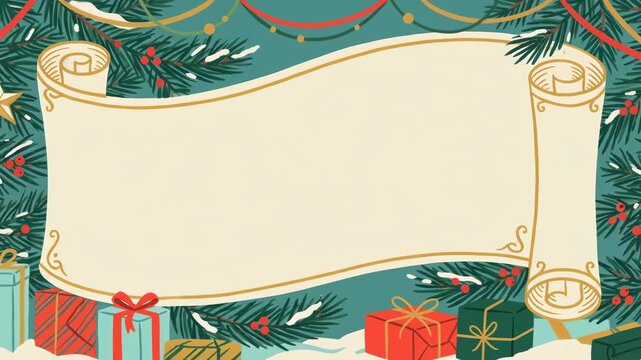 A festive Christmas scroll design, framed by adorned fir branches and gift boxes, ready for seasonal greetings.