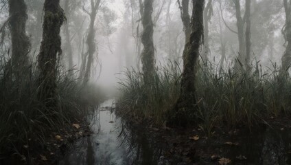 Obraz premium Eerie Forest Scene with Fog and Water Reflection.