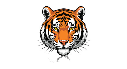 Detailed and powerful vector mascot illustration of a fierce tiger head looking forward, with a subtle reflection on a white background.