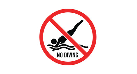 Clear and simple 'No Diving' warning sign featuring a pictogram and text, commonly used at swimming pools for water safety.
