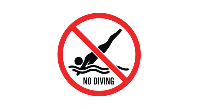 Clear and simple 'No Diving' warning sign featuring a pictogram and text, commonly used at swimming pools for water safety.