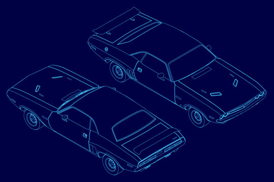Fototapeta Blueprint of a muscle car in white contour lines on a solid blue background. This vintage automotive technical drawing is part of a classic car set.