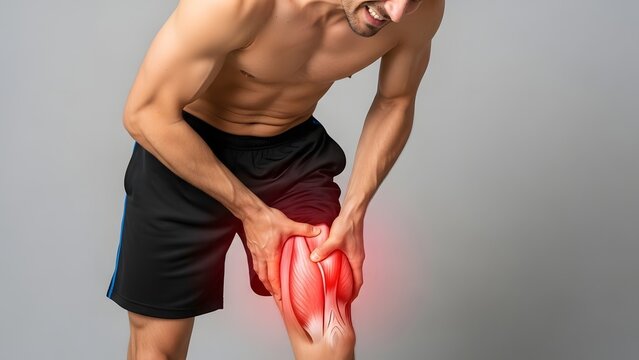 Quadriceps muscle strain and leg injury. Sport physical therapy and recovery. Shirtless man holding painful thigh with red anatomy highlight for medical inflammation concept